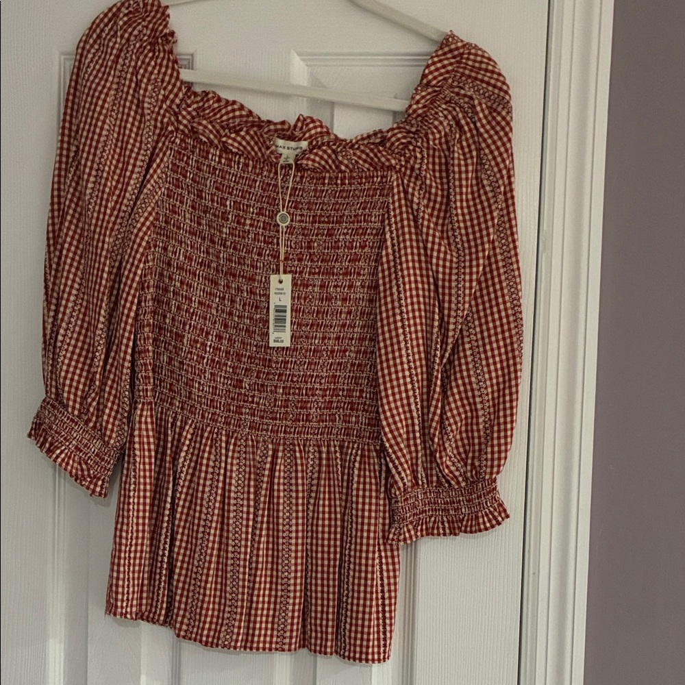 Max Studio Red Gingham Smocked Blouse